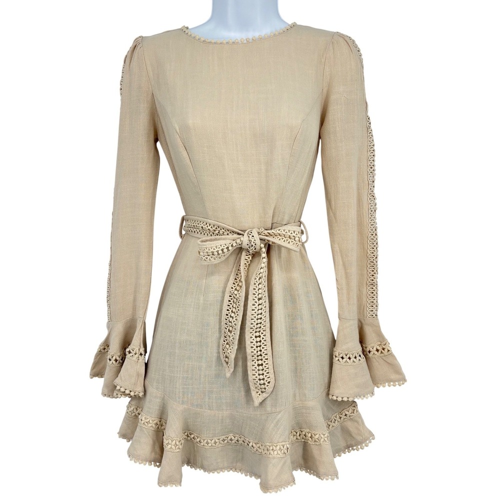 Selfie Leslie Beige Linen Crochet Lace Trim Bell Sleeve Mini Dress XS Fairy Boho